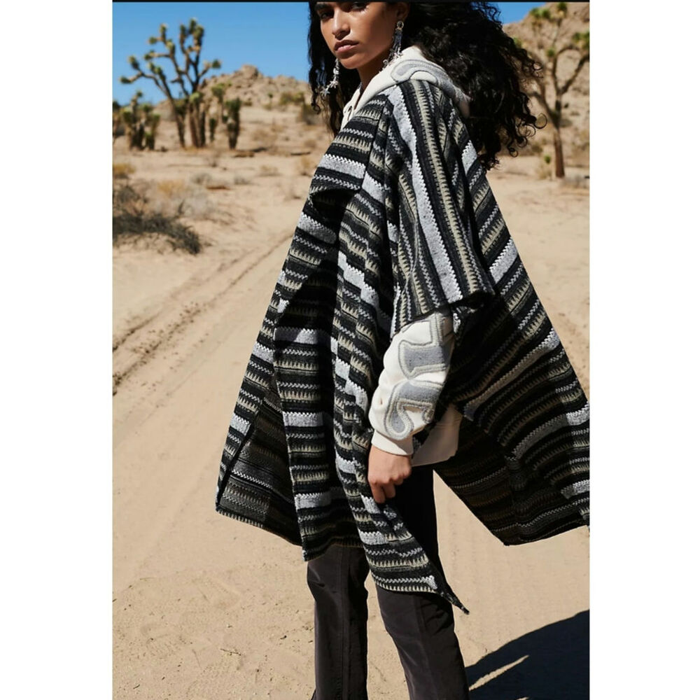 New FREE PEOPLE X Jackson Stripe Oversized Poncho $148 ONESIZE Black